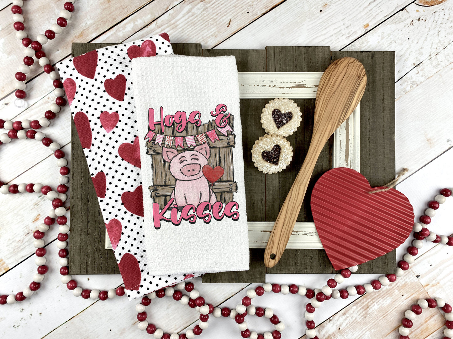 Pig Valentine Towel, Valentines Day Kitchen Decor Heart Farm