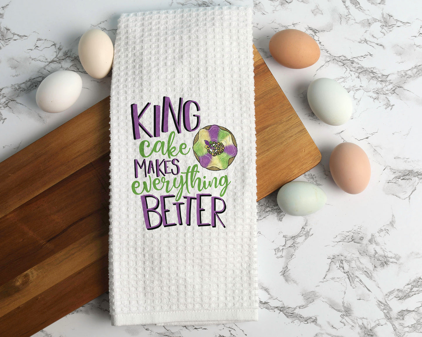 King Cake Better Towel, Purple Green Dessert Kitchen Decor