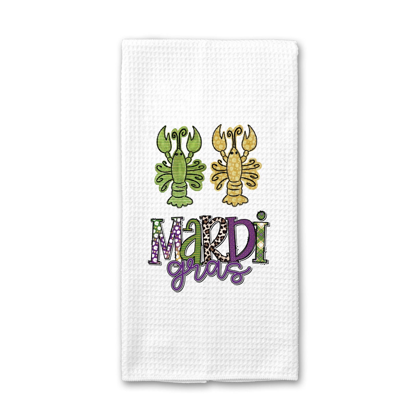 Two Crawfish Mardigras Towel, Purple Green Tea Towel, Kitchen Decor