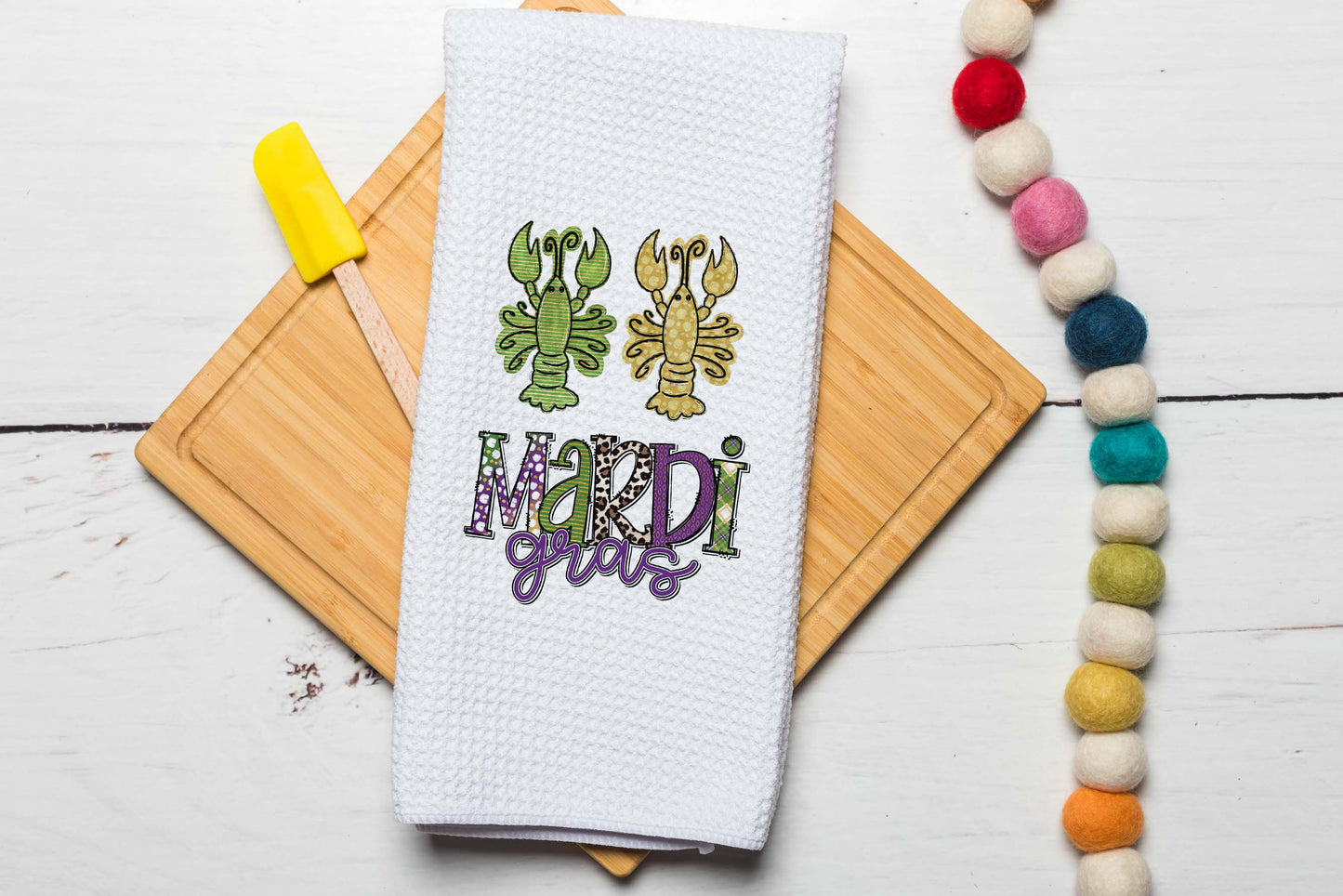 Two Crawfish Mardigras Towel, Purple Green Tea Towel, Kitchen Decor