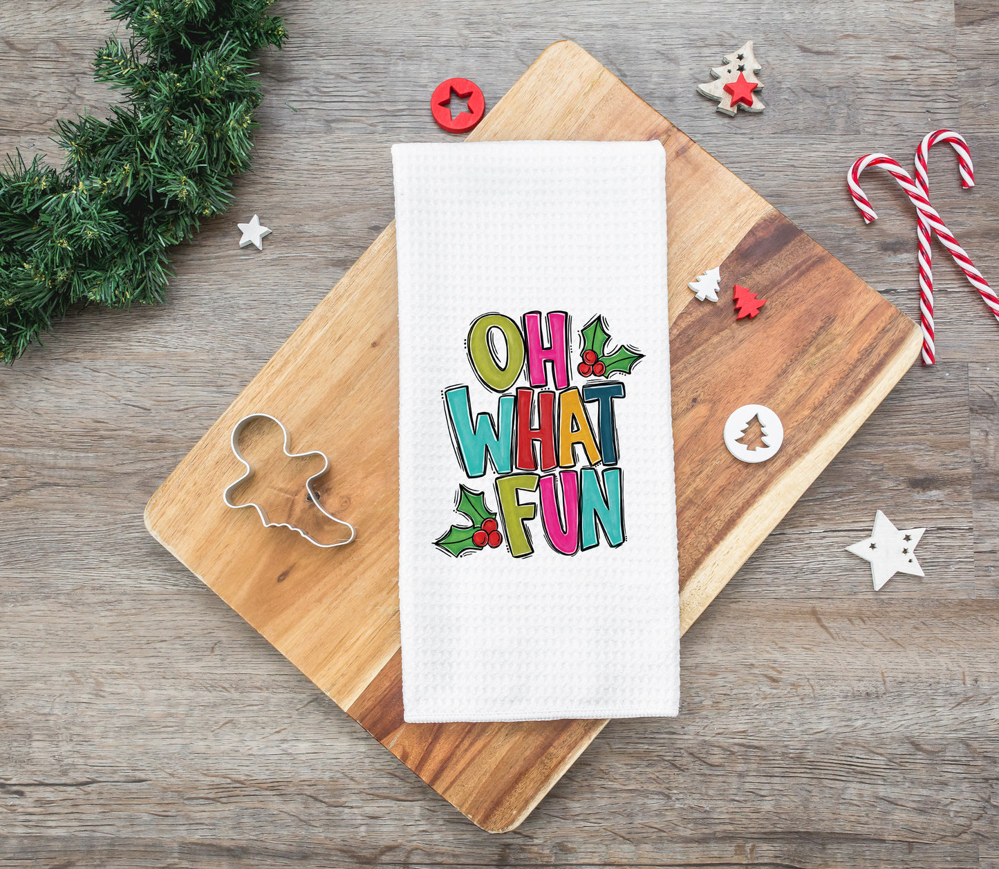Oh What Fun Holiday Towel, Bright Color Tea Towel, Christmas Kitchen Decor