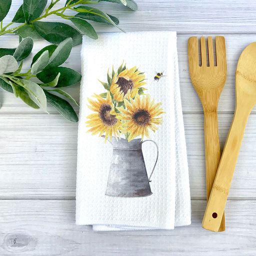 Sunflower Pail Kitchen Towel, Yellow Flower Bee Decor