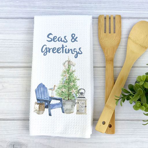 Seas And Greetings Christmas Towel, Blue Coastal Holiday Decor