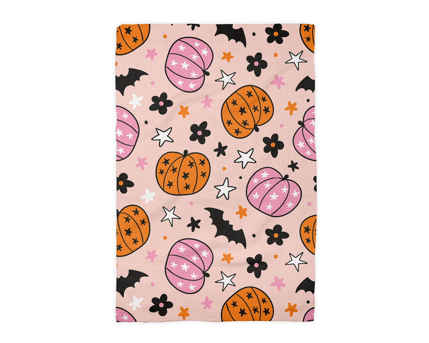 Pink Pumpkin Retro Halloween Fall Kitchen Towel Waffle Weave