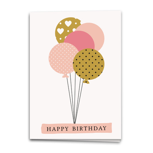 Gold Happy Birthday Card, Pink Greeting Card, Notecard