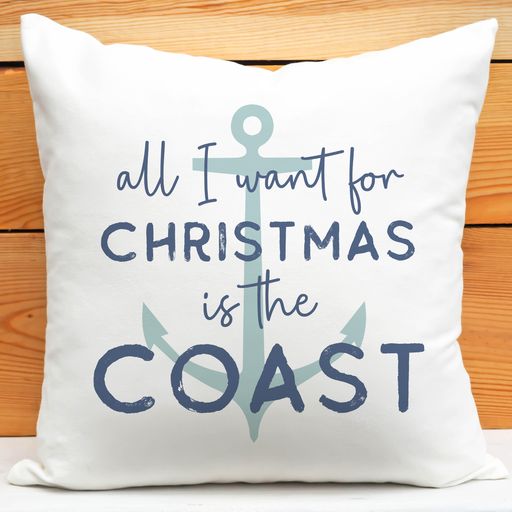 All I Want For Christmas Beach Pillow, Blue Coastal Anchor Decor