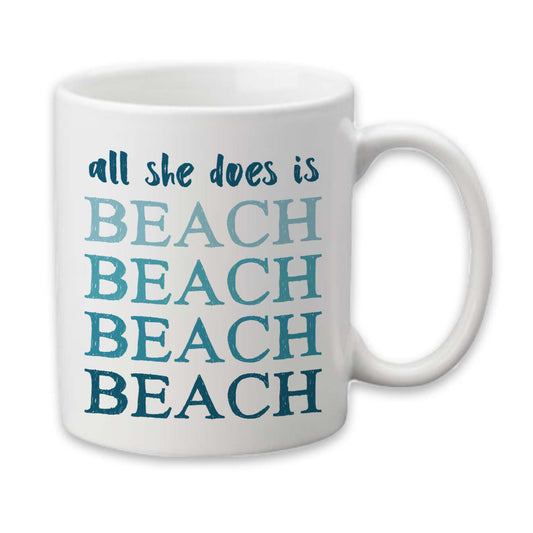 All She Does is Beach Mug, Ocean Coffee Cup, Gifts for Her