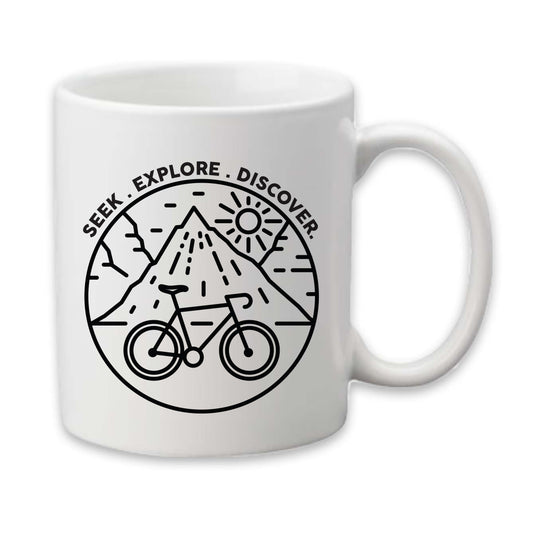 Seek, Explore, Discover Coffee Mug, Bicycle Theme Mug