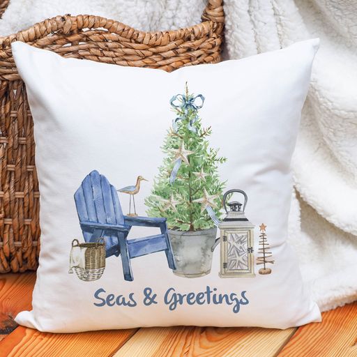 Seas And Greetings Christmas Pillow, Coastal Beach Decor