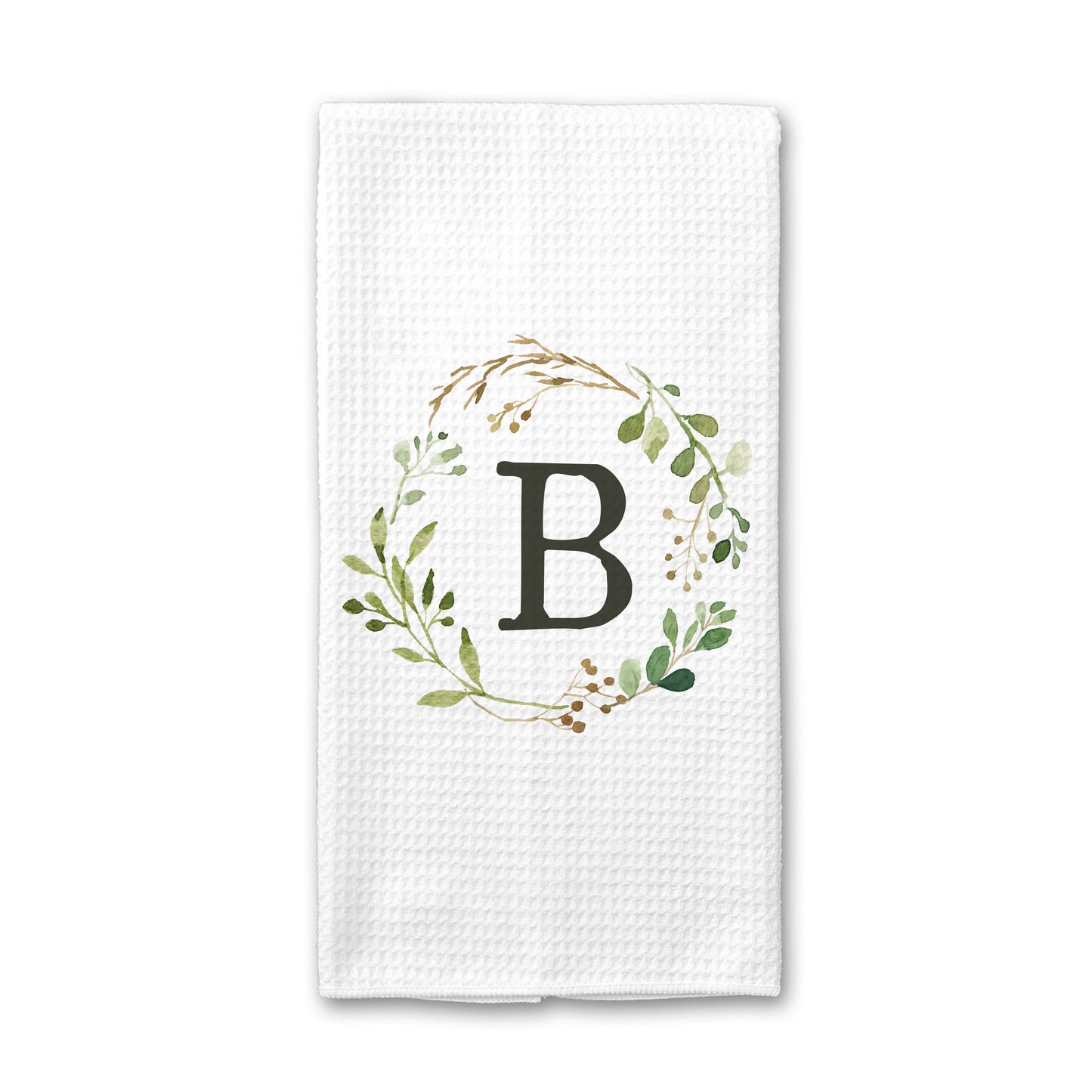 Eucalyptus Wreath Monogram Kitchen Towel, Custom Dish Towel