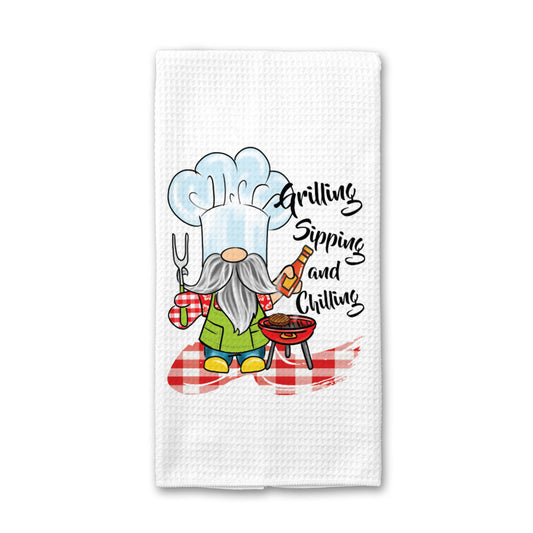 Grilling & Sipping Kitchen Towel, Camping Gnome Dish Towel