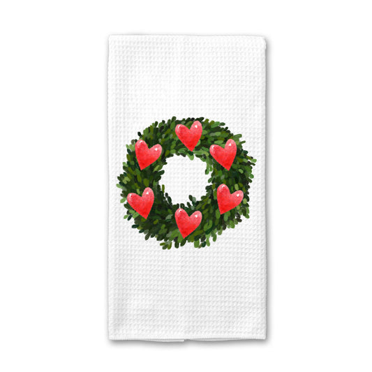 Heart Wreath Kitchen Towel, Valentines Day Dish Towel