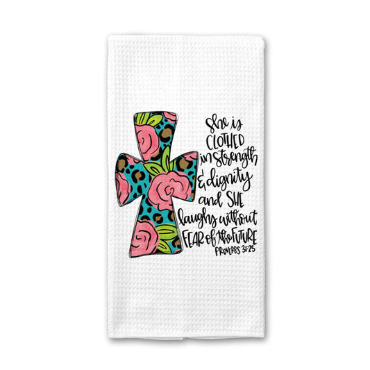 Cross Proverb Kitchen Towel, Floral Dish Towel, Tea Towel