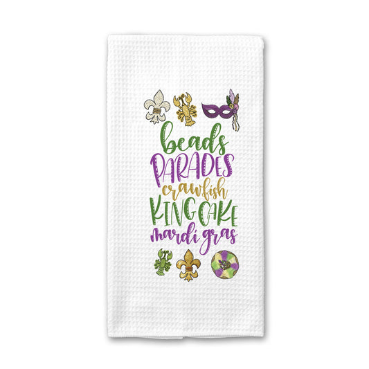 Beads Parades Kingcake Mardigras Towel, Purple Green Tea Towel, Crawfish Kitchen Decor