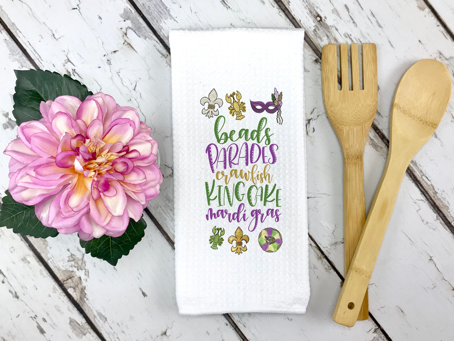 Beads Parades Kingcake Mardigras Towel, Purple Green Tea Towel, Crawfish Kitchen Decor