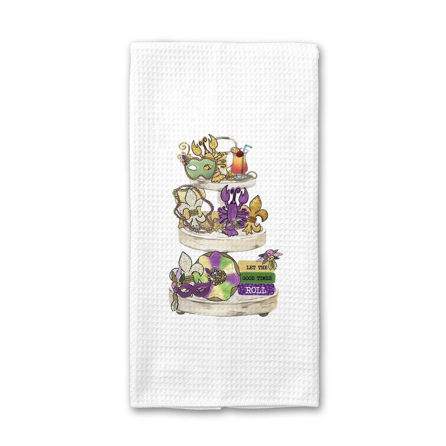 Three Tier Tray Mardigras Towel, Purple Green Tea Towel, Crawfish Kitchen Decor