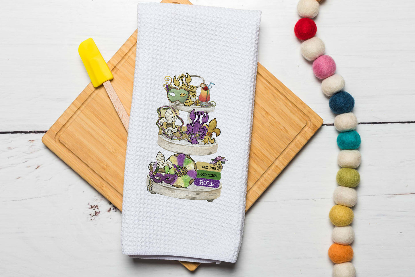 Three Tier Tray Mardigras Towel, Purple Green Tea Towel, Crawfish Kitchen Decor