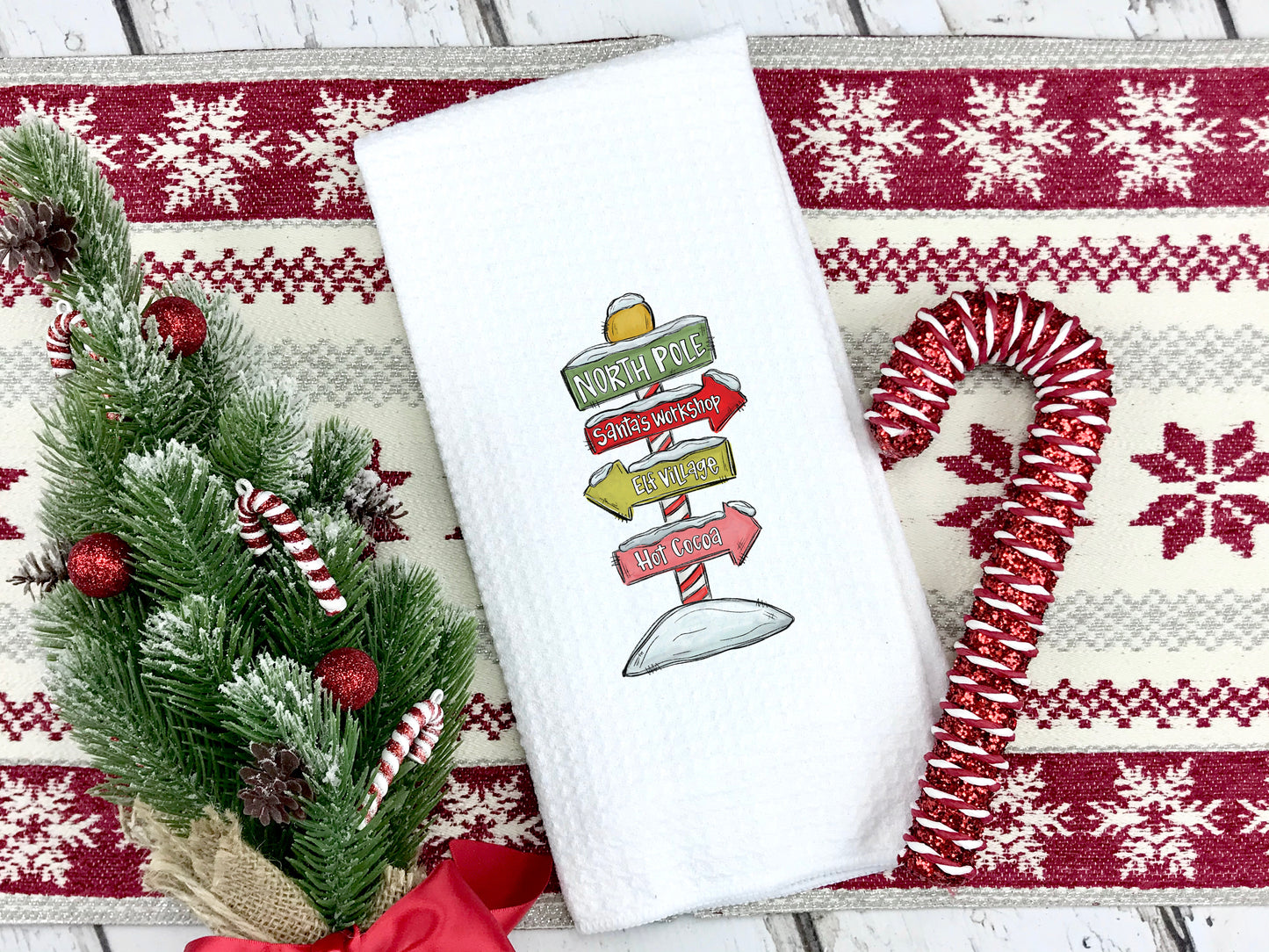 North Pole Sign Christmas Towel, Snow Bright Color Tea Towel, Holiday Kitchen Decor