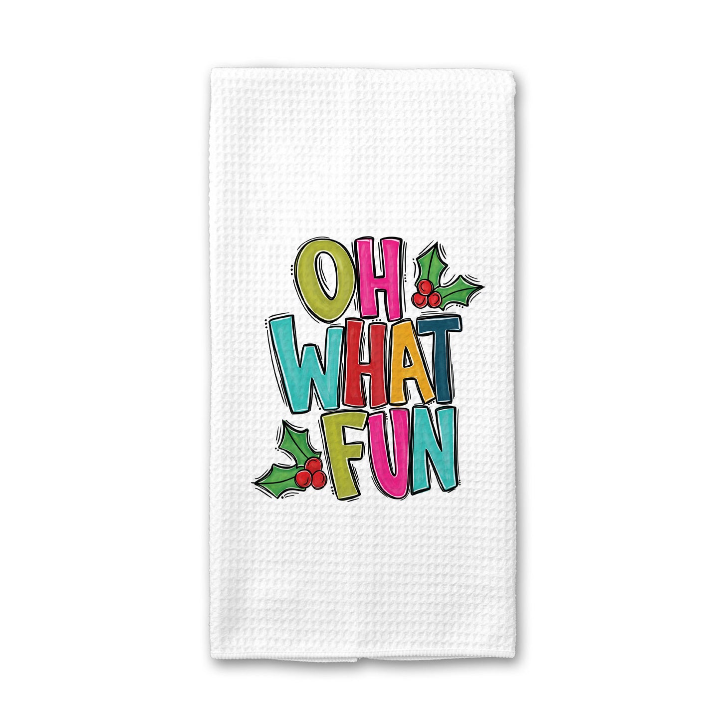 Oh What Fun Holiday Towel, Bright Color Tea Towel, Christmas Kitchen Decor