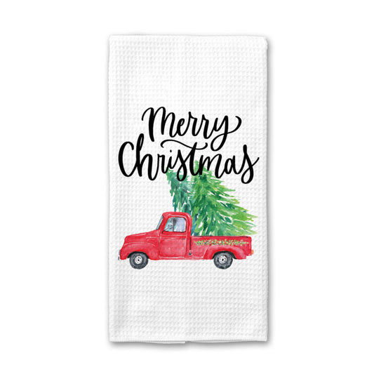 Red Truck Christmas Tree Kitchen Towel, Rustic Dish Towel