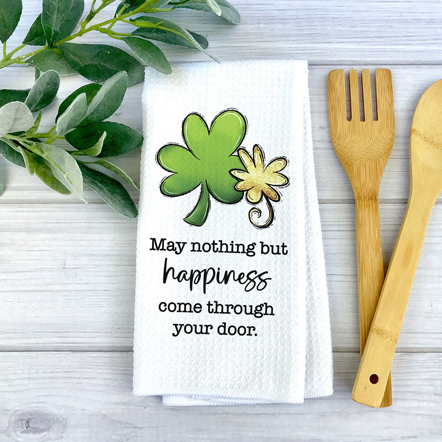 Happiness Shamrock Irish Kitchen Towel, St Patrick Lucky Dish Towel