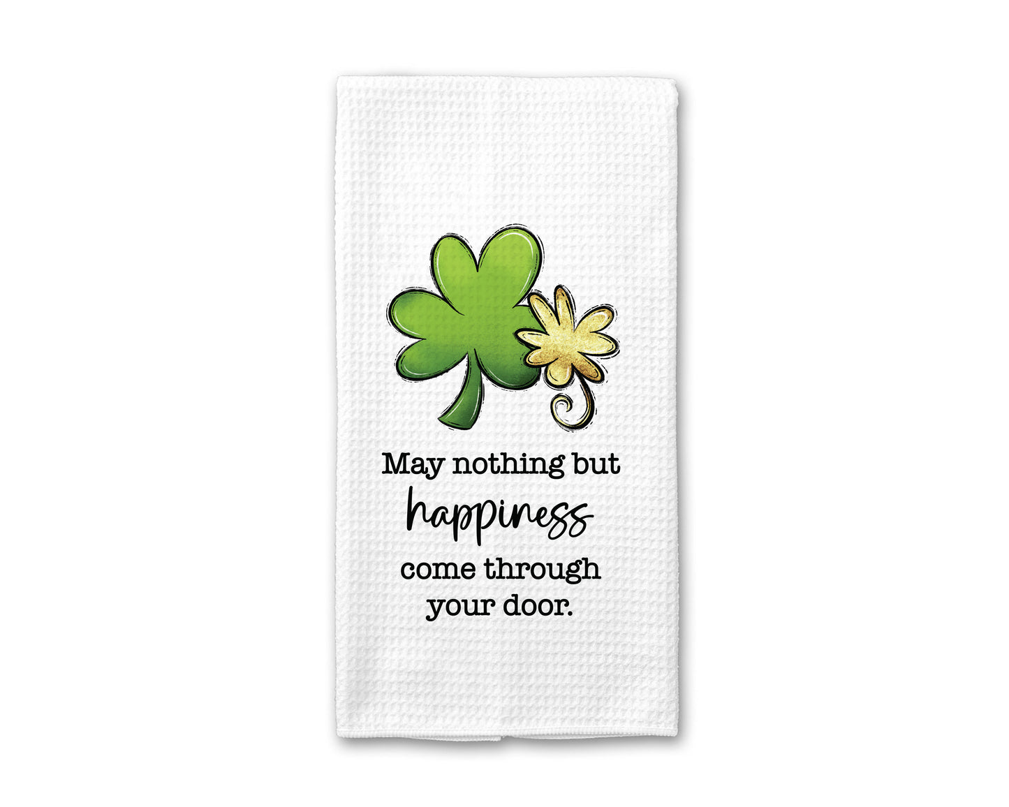 Happiness Shamrock Irish Kitchen Towel, St Patrick Lucky Dish Towel