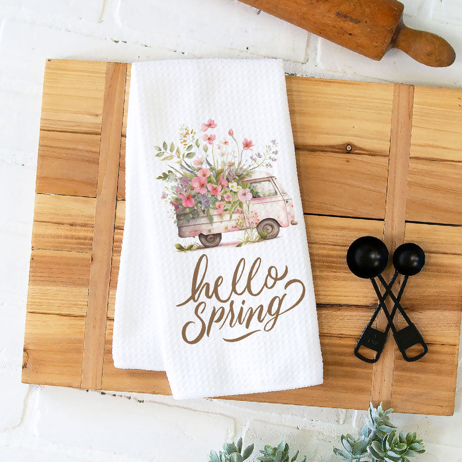 Happy Spring Floral Van Towel, Easter Flower Kitchen Decor