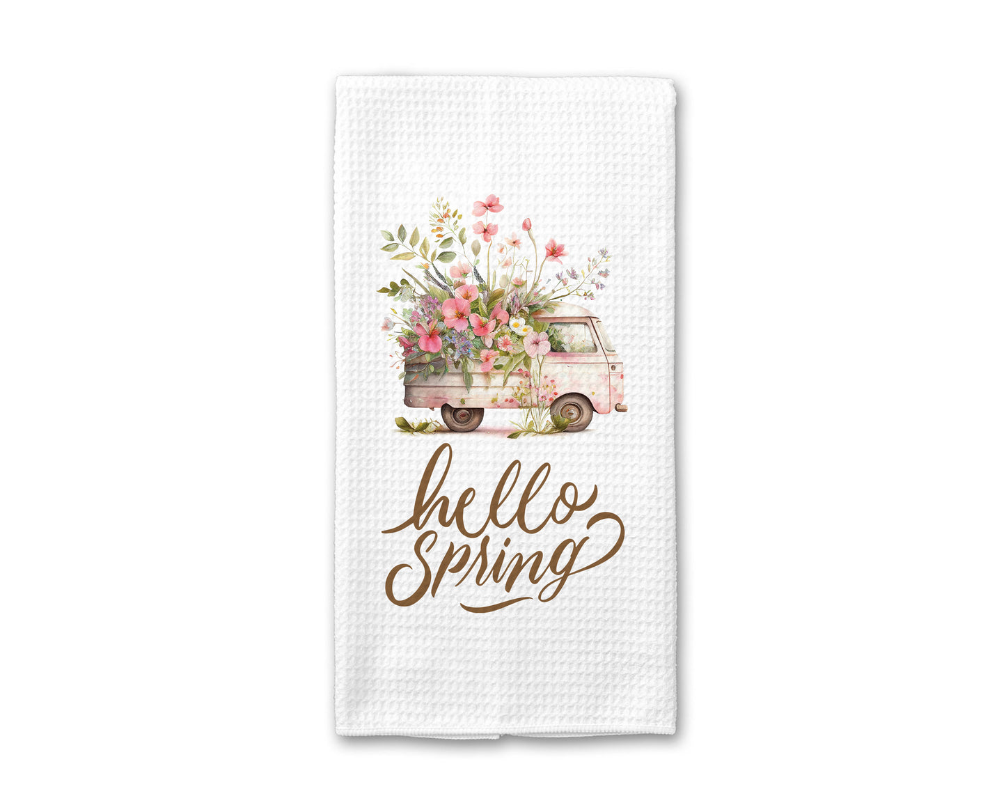 Happy Spring Floral Van Towel, Easter Flower Kitchen Decor