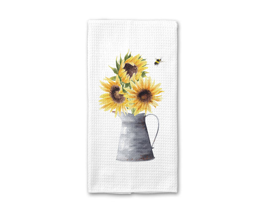 Sunflower Pail Kitchen Towel, Yellow Flower Bee Decor