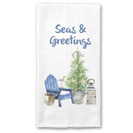 Seas And Greetings Christmas Towel, Blue Coastal Holiday Decor