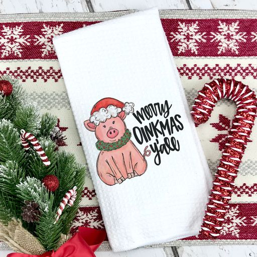 Merry Oinkmas Y'all Kitchen Towel, Pink Pig Christmas Decor