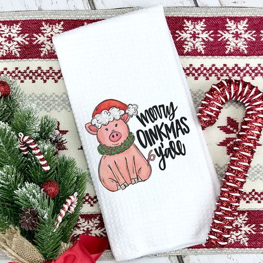 Merry Oinkmas Y'all Kitchen Towel, Pink Pig Christmas Decor